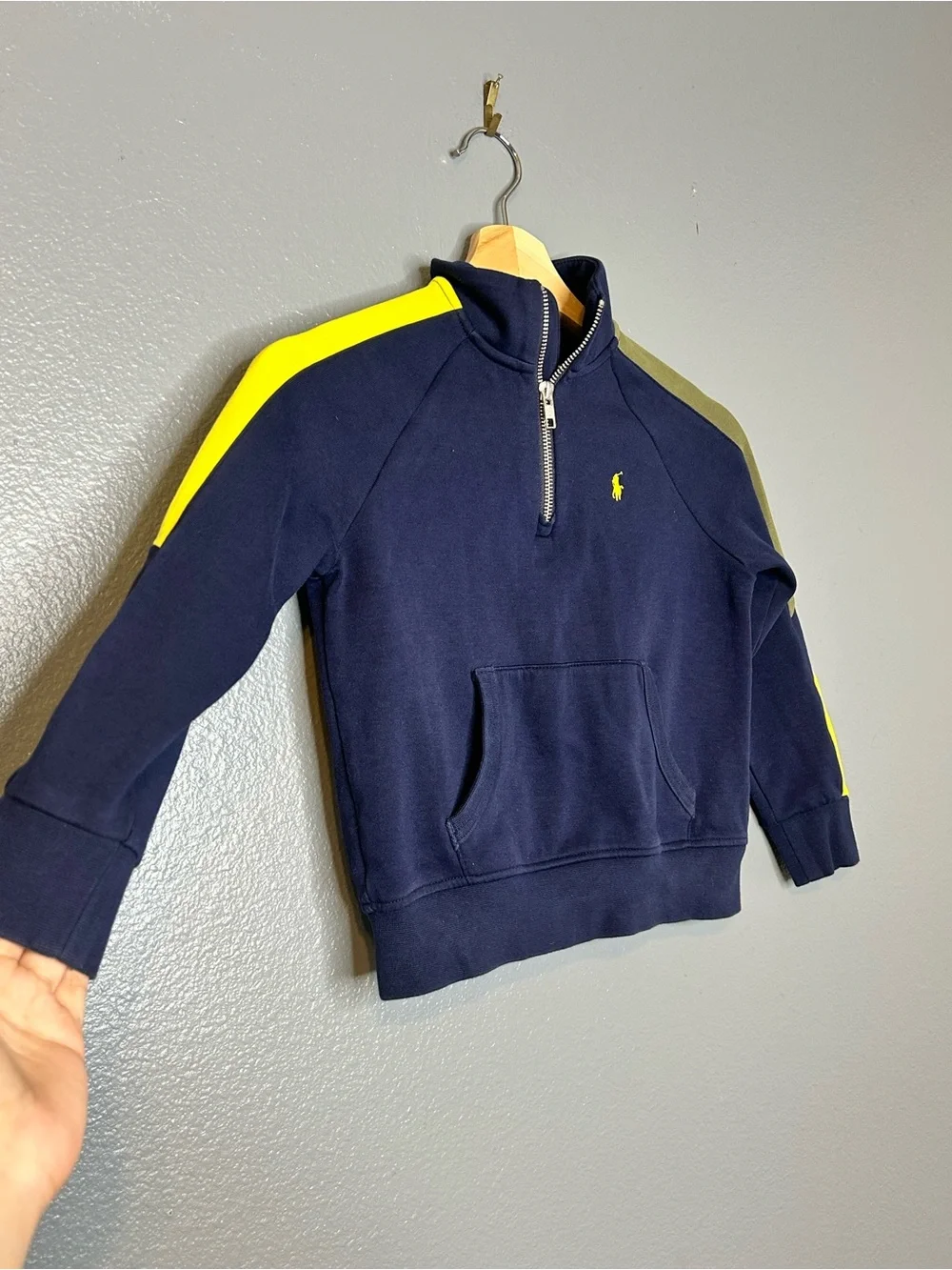 Ralph Lauren Navy Blue Half-Zip Sweatshirt with Yellow Stripes Boys 5T